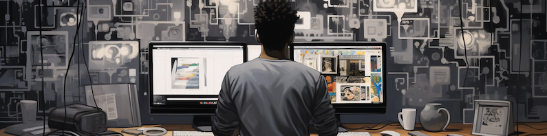 painting about the connectedness of a black programmer from behind and computer, pet, phones and apps in modern abstract greyscale --ar 40:20. Generated by Midjourney